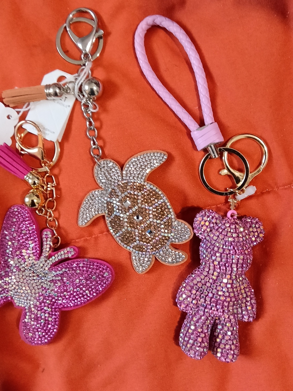 Large Pink Rhinestone Teddy, Turtle & Butterfly Keychain/Charm CHOOSE ONE